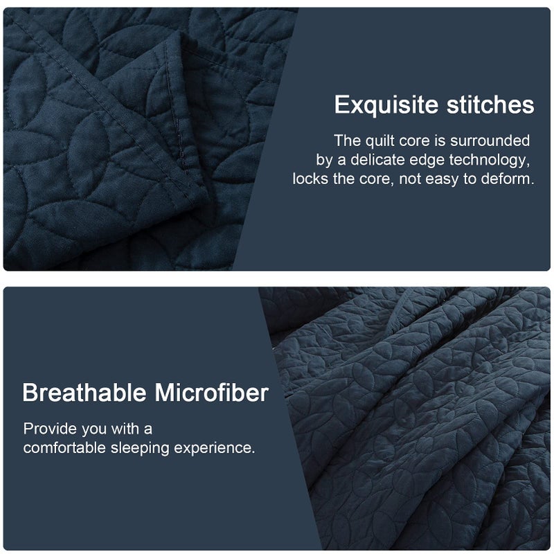 Hygge Hush Hygge Hush Summer Quilt Set  Full Queen Size Navy Blue Leaves Pattern 3 Pieces Quilt Set  Oversized Modern Style Bedspread Set for All Season (1 Quilt & 2 Pillow Shams)  - Image 4