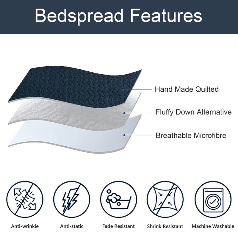 Hygge Hush Hygge Hush Summer Quilt Set  Full Queen Size Navy Blue Leaves Pattern 3 Pieces Quilt Set  Oversized Modern Style Bedspread Set for All Season (1 Quilt & 2 Pillow Shams)  - Image 3