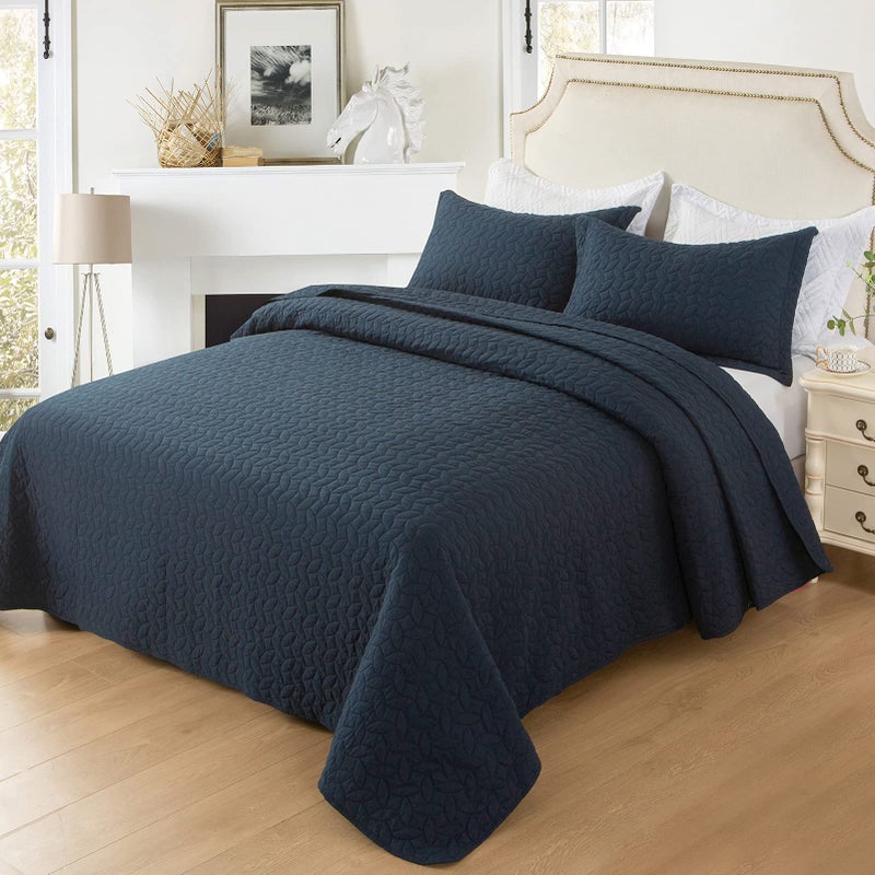 Hygge Hush Hygge Hush Summer Quilt Set  Full Queen Size Navy Blue Leaves Pattern 3 Pieces Quilt Set  Oversized Modern Style Bedspread Set for All Season (1 Quilt & 2 Pillow Shams)  - Image 1
