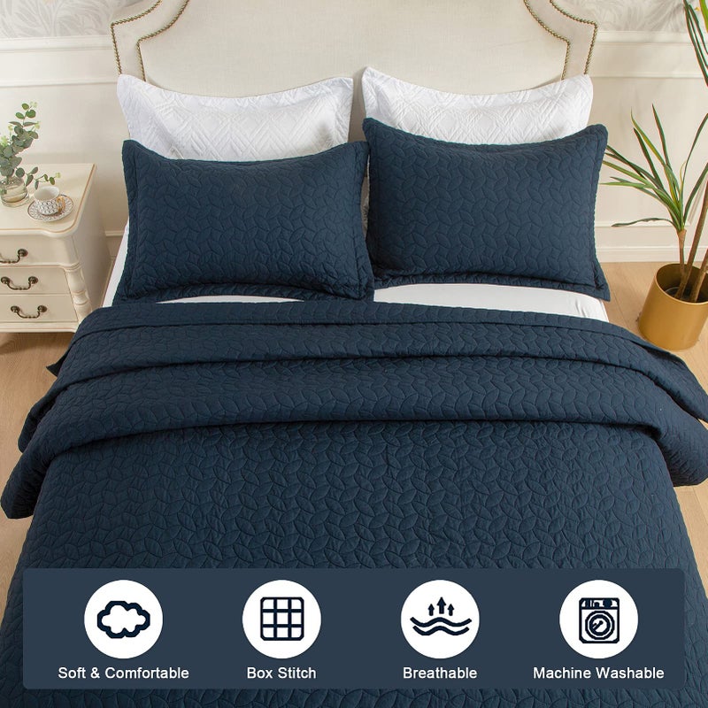 Hygge Hush Hygge Hush Summer Quilt Set  Full Queen Size Navy Blue Leaves Pattern 3 Pieces Quilt Set  Oversized Modern Style Bedspread Set for All Season (1 Quilt & 2 Pillow Shams)  - Image 5