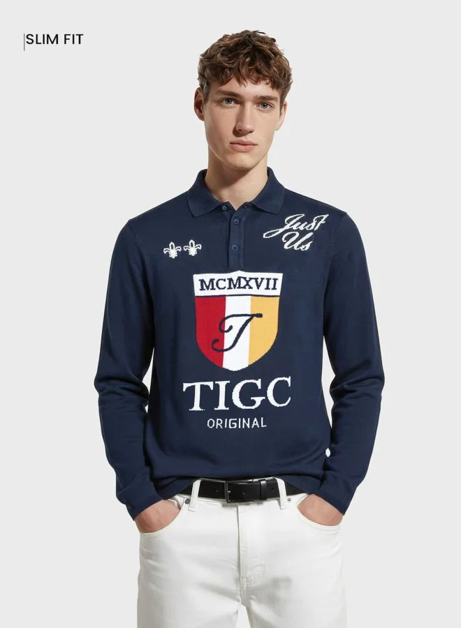 The Indian Garage Co Men Slim Fit Graphic Printed Polo Neck Full Sleeves Polo T-Shirt