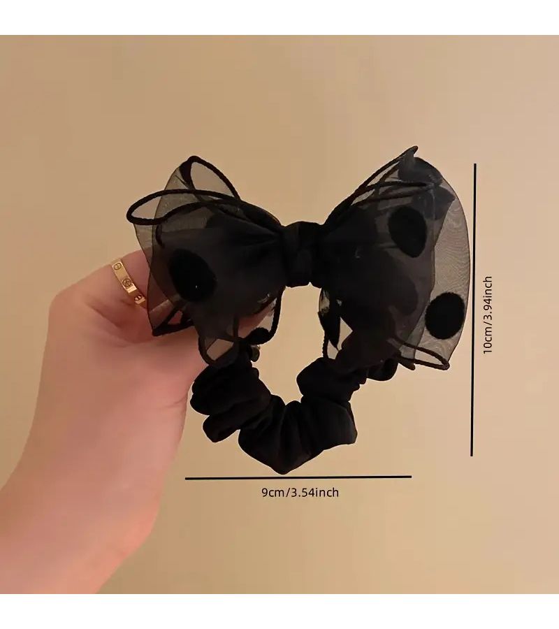 عصابة رأس سوداء من الأورجانزا على شكل فراشة مع فيونكة ونقاط منقطة لكعكة الشعر - Image 4