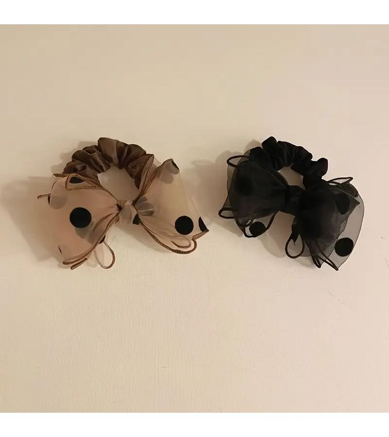 عصابة رأس سوداء من الأورجانزا على شكل فراشة مع فيونكة ونقاط منقطة لكعكة الشعر - Image 2