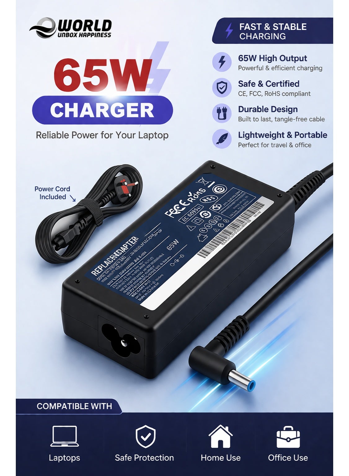 65W AC Replacement Charger for HP Laptops, 19.5V 3.33A Power Adapter Compatible with HP Pavilion 15, EliteBook, ZBook, 250 255 G2 G3 G4 G5, Chromebook 14 Series, Includes 710412-001, 709985-002, PA-1650-30HE