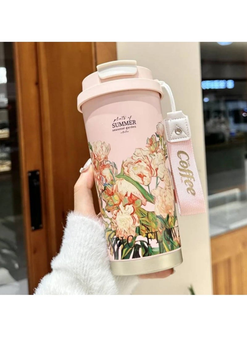 ارواق امرأة زهرة القهوة القدح 500 مللي 316 مكنسة من الفولاذ المقاوم للصدأ قارورة القش والشرب مباشرة معزول بهلوان كوب حراري - Image 1