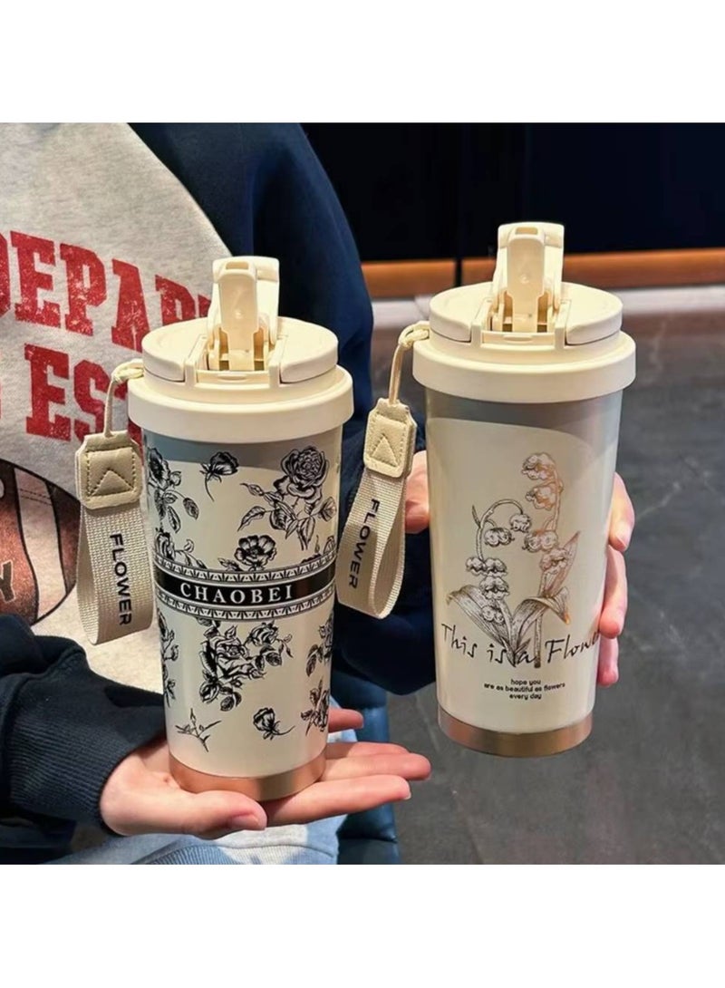 ارواق امرأة زهرة القهوة القدح 500 مللي 316 مكنسة من الفولاذ المقاوم للصدأ قارورة القش والشرب مباشرة معزول بهلوان كوب حراري - Image 3