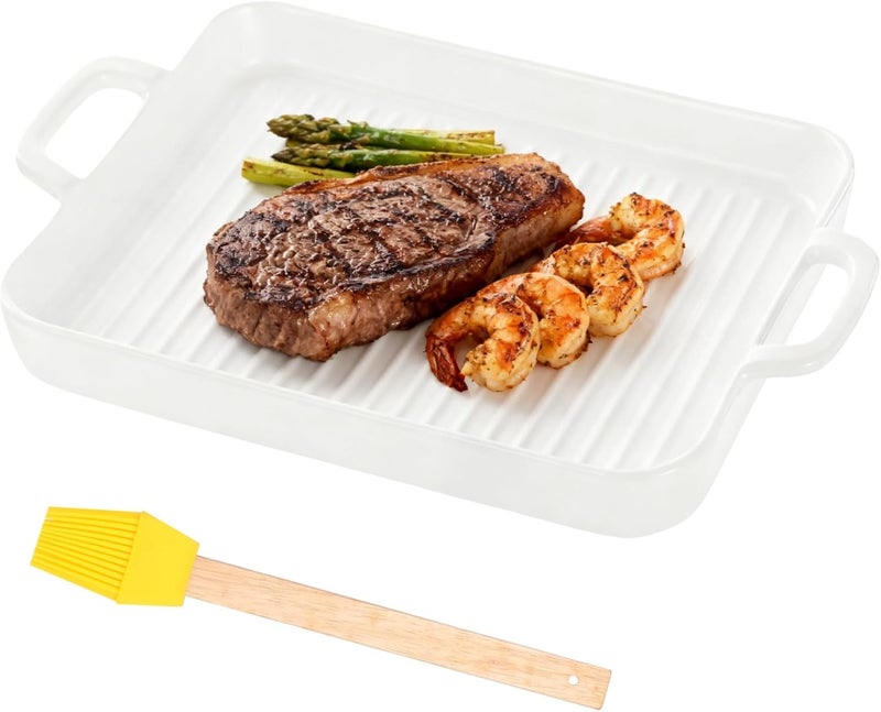Ceramic Bacon Cooking Tray With Silicone Brush, Grill Pan With Dual Handles, Microwave-Safe - Image 1