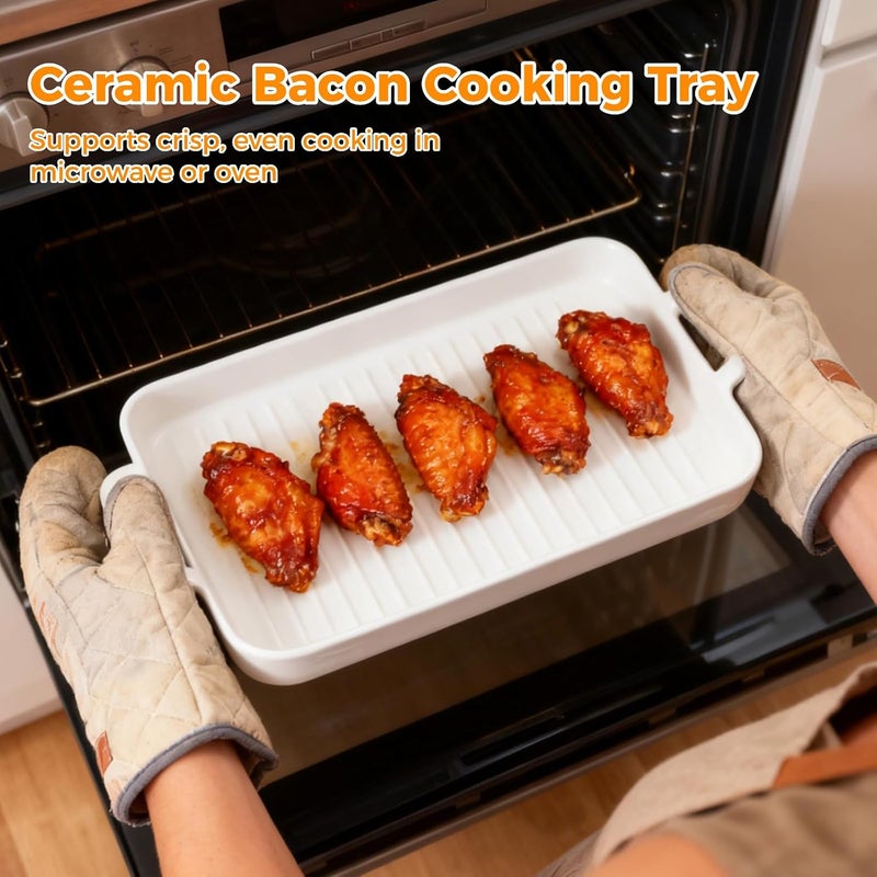 Ceramic Bacon Cooking Tray With Silicone Brush, Grill Pan With Dual Handles, Microwave-Safe - Image 5