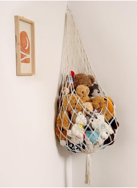 Stuffed Animal Storage Organizers Toy Hammock Corner Hanging Net Stuffy Animal Hammock Macrame Toy Display Plush Toy Holder Wall, Kid Bedroom Decor Boho Nursery Playroom Organizer (Cream)