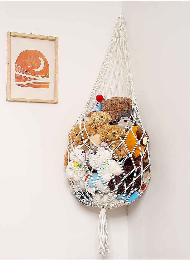 Stuffed Animal Storage Organizers Toy Hammock Corner Hanging Net Stuffy Animal Hammock Macrame Toy Display Plush Toy Holder Wall, Kid Bedroom Decor Boho Nursery Playroom Organizer (Cream)