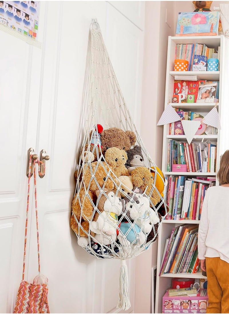 Stuffed Animal Storage Organizers Toy Hammock Corner Hanging Net Stuffy Animal Hammock Macrame Toy Display Plush Toy Holder Wall, Kid Bedroom Decor Boho Nursery Playroom Organizer (Cream)