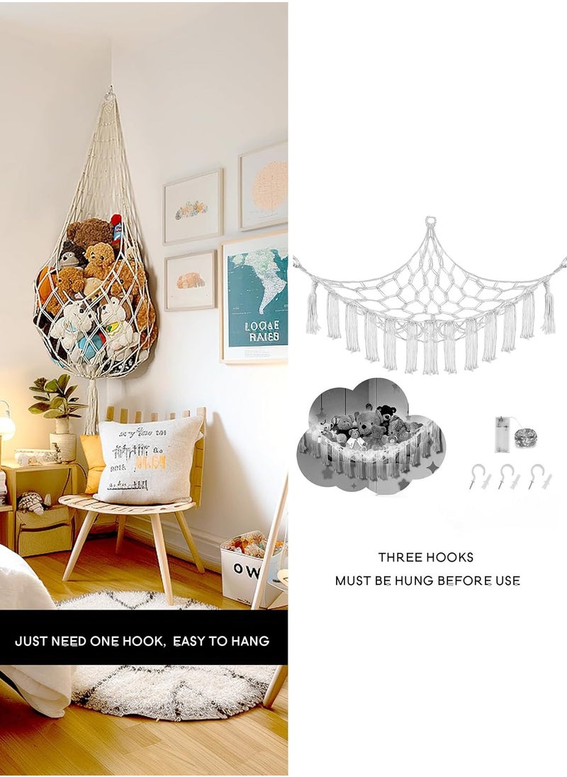 Stuffed Animal Storage Organizers Toy Hammock Corner Hanging Net Stuffy Animal Hammock Macrame Toy Display Plush Toy Holder Wall, Kid Bedroom Decor Boho Nursery Playroom Organizer (Cream)