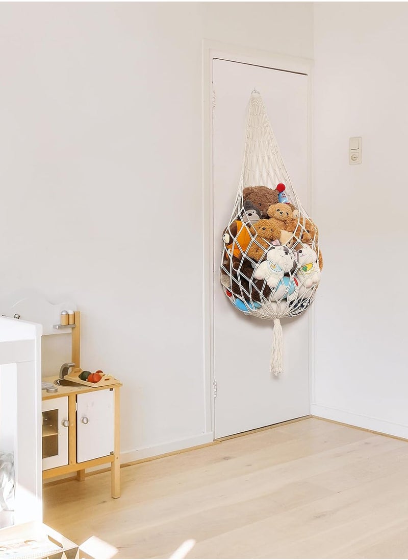Stuffed Animal Storage Organizers Toy Hammock Corner Hanging Net Stuffy Animal Hammock Macrame Toy Display Plush Toy Holder Wall, Kid Bedroom Decor Boho Nursery Playroom Organizer (Cream)