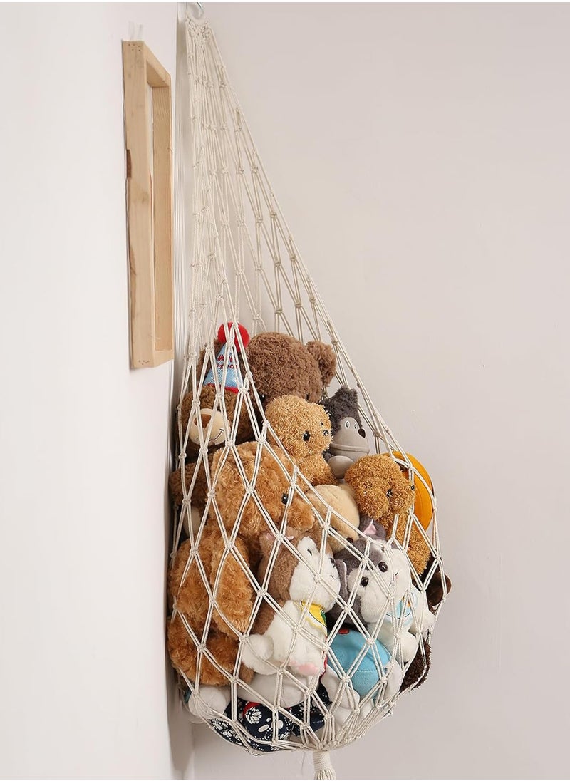 Stuffed Animal Storage Organizers Toy Hammock Corner Hanging Net Stuffy Animal Hammock Macrame Toy Display Plush Toy Holder Wall, Kid Bedroom Decor Boho Nursery Playroom Organizer (Cream)