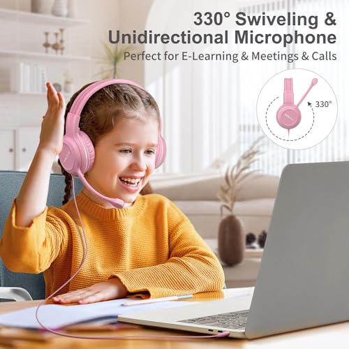 SIMOLIO Kids-Headphones with Microphone for School, 75/85/94 dB Wired Headphones with Boom Mic for iPad, PC, Laptop, Gaming, On Ear Pink Stereo Corded Headsets for Girls, Children, Teens, Students - Image 2