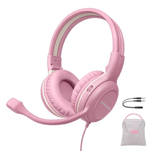 SIMOLIO Kids-Headphones with Microphone for School, 75/85/94 dB Wired Headphones with Boom Mic for iPad, PC, Laptop, Gaming, On Ear Pink Stereo Corded Headsets for Girls, Children, Teens, Students - Image 1