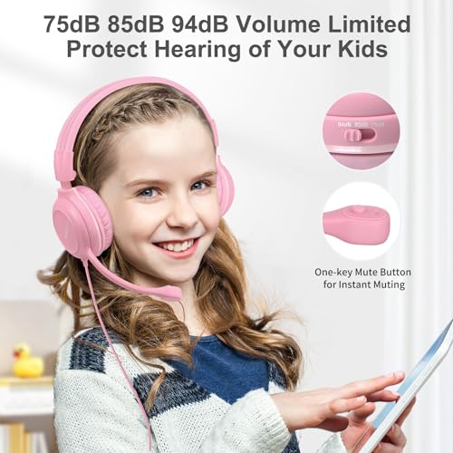 SIMOLIO Kids-Headphones with Microphone for School, 75/85/94 dB Wired Headphones with Boom Mic for iPad, PC, Laptop, Gaming, On Ear Pink Stereo Corded Headsets for Girls, Children, Teens, Students - Image 3