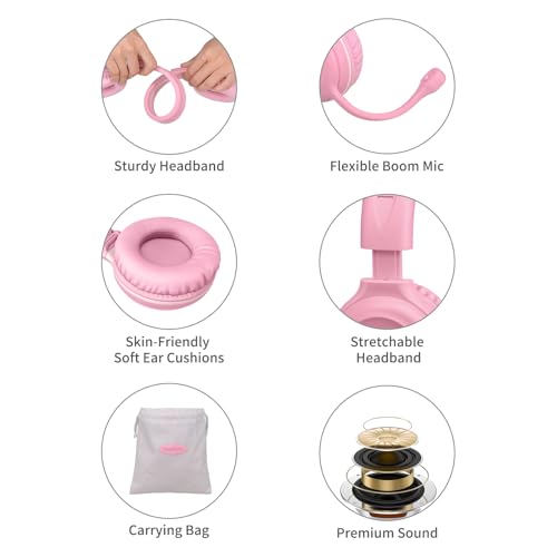 SIMOLIO Kids-Headphones with Microphone for School, 75/85/94 dB Wired Headphones with Boom Mic for iPad, PC, Laptop, Gaming, On Ear Pink Stereo Corded Headsets for Girls, Children, Teens, Students - Image 5