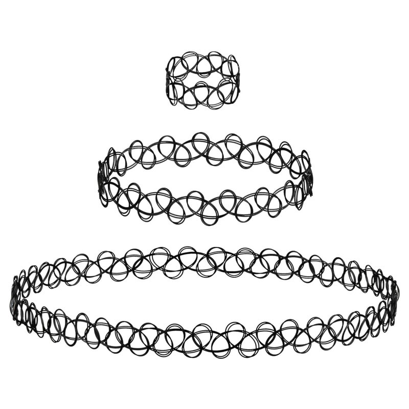 BodyJ4You 3PC Tattoo Choker Necklace Set Bracelet Ring - 90s Necklace 2000s Y2K Fashion Vintage - Stretchy Elastic Neck Lace Women's - Gothic Black Multicolor Rainbow - Classic Fashion Trend - Image 1
