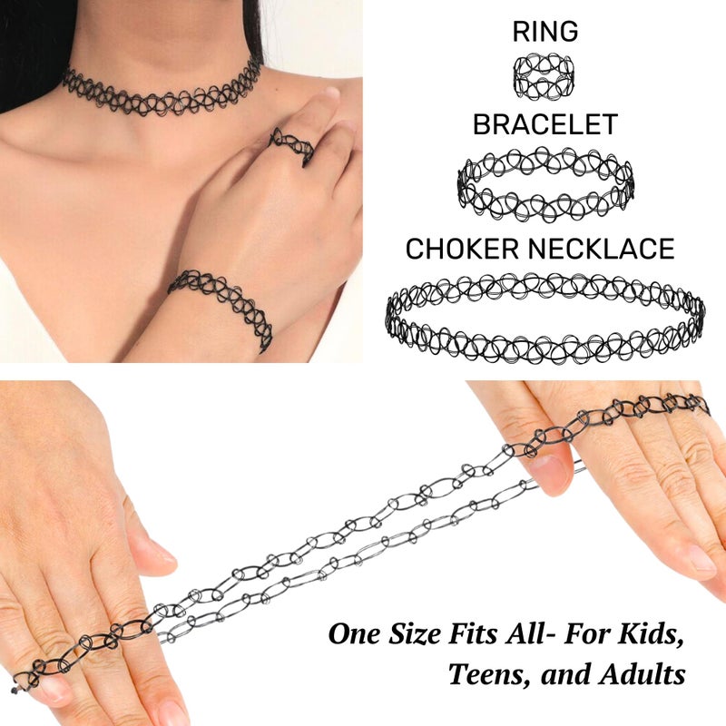 BodyJ4You 3PC Tattoo Choker Necklace Set Bracelet Ring - 90s Necklace 2000s Y2K Fashion Vintage - Stretchy Elastic Neck Lace Women's - Gothic Black Multicolor Rainbow - Classic Fashion Trend - Image 2