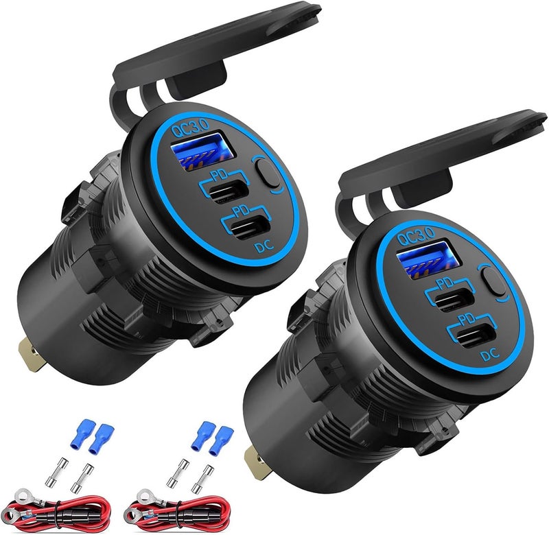 Hapytrip عبوة من قطعتين مقبس USB 12 فولت مع سلك شاحن متعدد المنافذ، منفذي USB-C PD3.0 ومنفذ Quick Charge 3.0 مع مفتاح طاقة، شاحن سريع للهواتف المحمولة والأجهزة اللوحية، مناسب للسيارات والقوارب والمركبات الترفيهية والمركبات البحرية والمركبات الرباعية. - Image 1