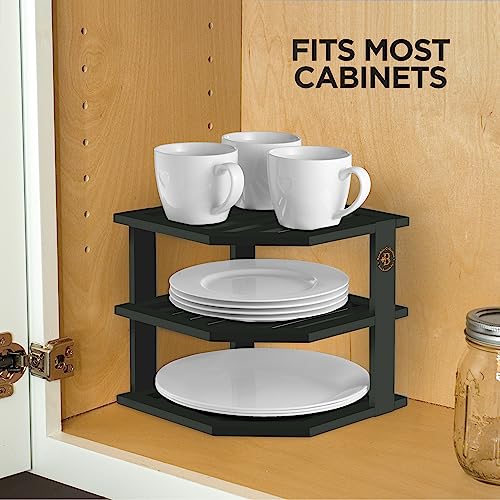 Bambüsi Cabinet Organizer Shelf - Bamboo Corner Rack for Kitchen Counter, Cabinet Space Saver for Plates, Dishes, Bowls, Bread Pantry, Bathroom Storage or Countertop Stand, Black - Image 2