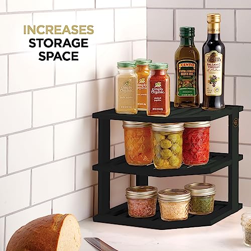 Bambüsi Cabinet Organizer Shelf - Bamboo Corner Rack for Kitchen Counter, Cabinet Space Saver for Plates, Dishes, Bowls, Bread Pantry, Bathroom Storage or Countertop Stand, Black - Image 4