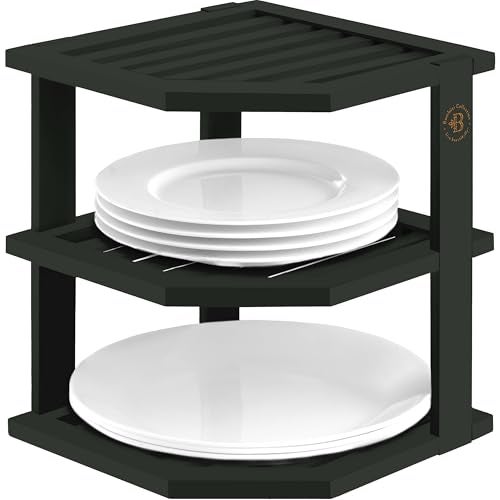 Bambüsi Cabinet Organizer Shelf - Bamboo Corner Rack for Kitchen Counter, Cabinet Space Saver for Plates, Dishes, Bowls, Bread Pantry, Bathroom Storage or Countertop Stand, Black - Image 1