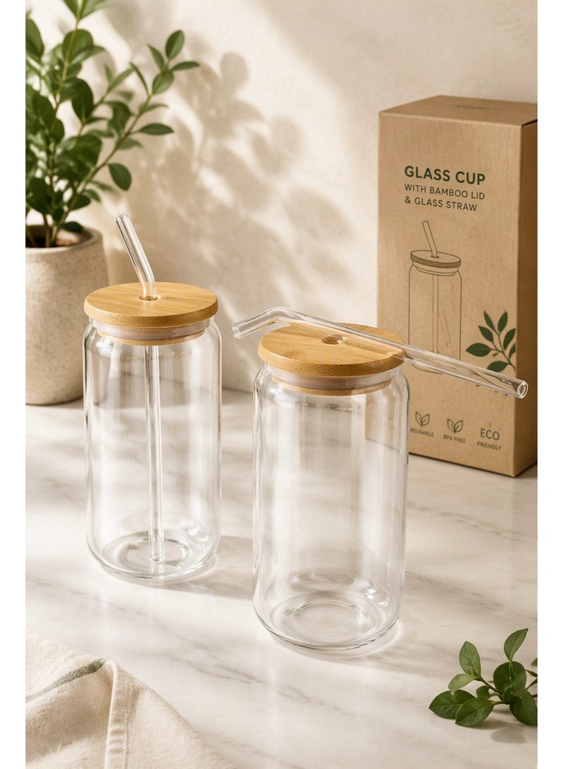 Set of 2 High Borosilicate Glass Tumbler with Bamboo Lid (550ml), Glass Straw & Cleaning Brush | Reusable Iced Coffee Cup, Tea Cup & Juice Bottle | 21.3oz Eco-Friendly Drinking Glass - Image 2