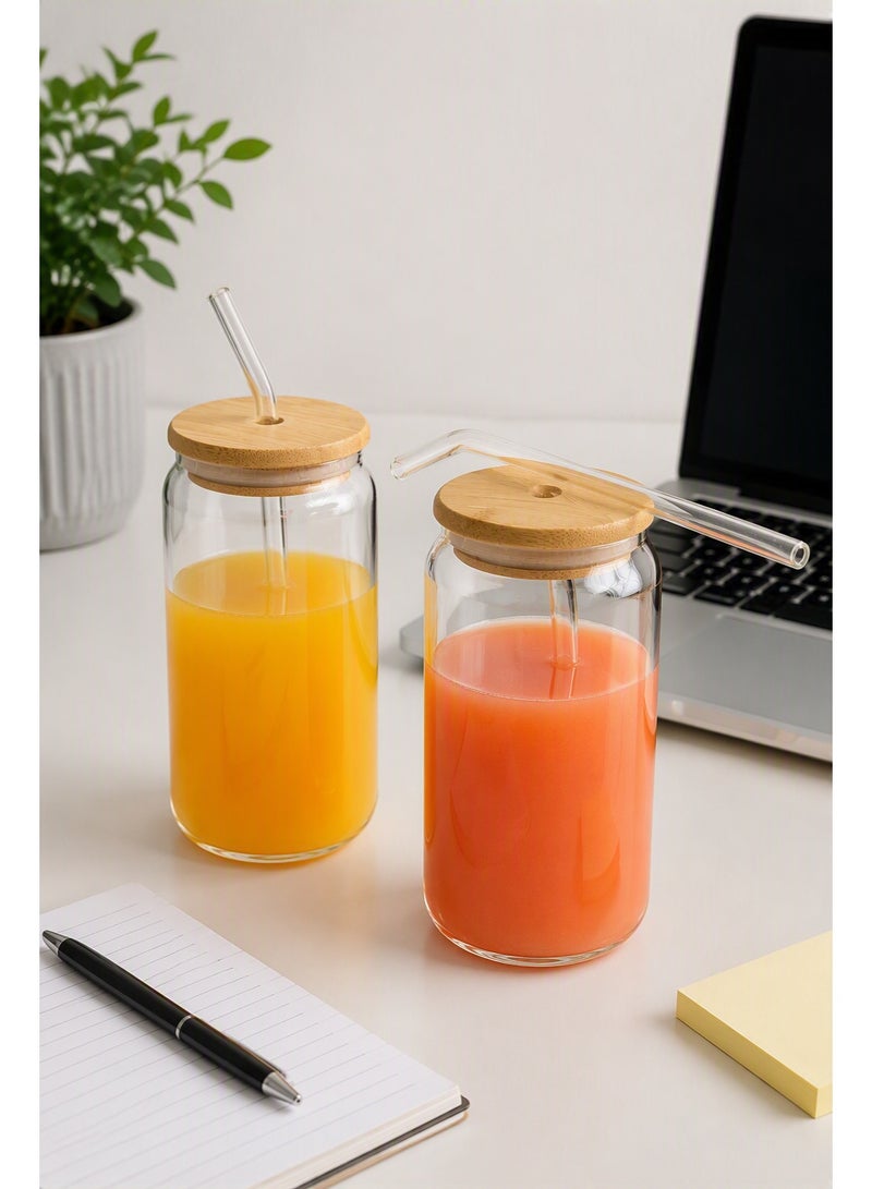 Set of 2 High Borosilicate Glass Tumbler with Bamboo Lid (550ml), Glass Straw & Cleaning Brush | Reusable Iced Coffee Cup, Tea Cup & Juice Bottle | 21.3oz Eco-Friendly Drinking Glass - Image 1
