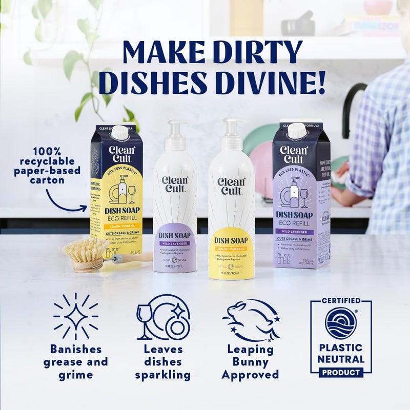 Cleancult Dish Soap Liquid Refill (32oz  1 Pack) - Plant Based Cleaning Power - Dish Soap that Cuts Grease & Grime - Free of Harsh Chemicals - Uses 90% Less Plastic - Lemon Verbena - Image 3