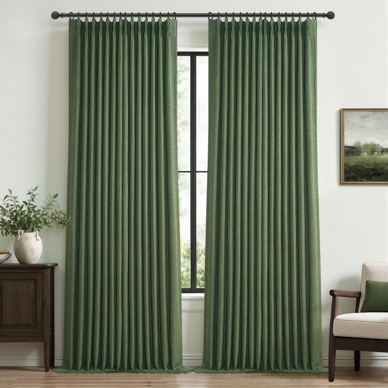PleatedDrapes ستائر لودن مزدوجة الطبقات من الكتان الثقيل المعتم، بطول 96 بوصة، قطعتان لغرفة المعيشة، ستائر معزولة بنمط ريفي بلون الزيتوني، مطوية بشكل مريح، بطول 96 بوصة مع نظام سكة. - Image 1