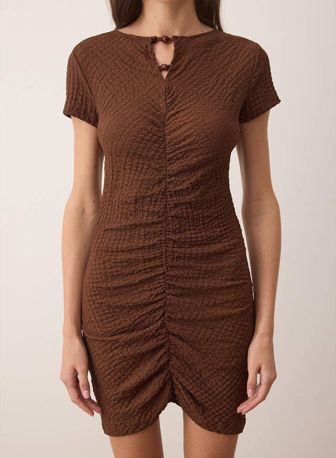 trendyol Brown Straight Accessory Detail Gathered/Drape Detail Short/Mini Knitted Dress - Image 3