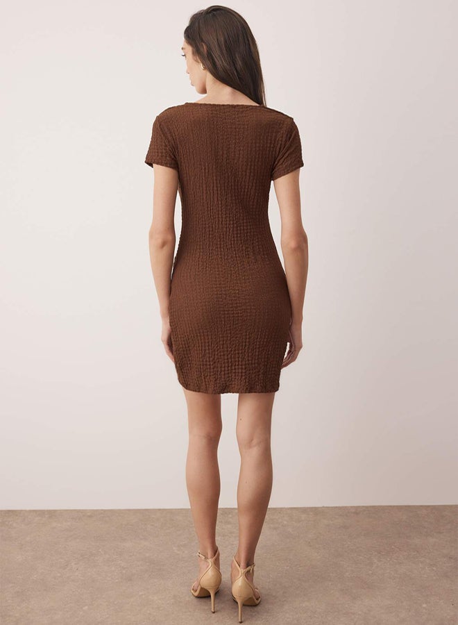 trendyol Brown Straight Accessory Detail Gathered/Drape Detail Short/Mini Knitted Dress - Image 4