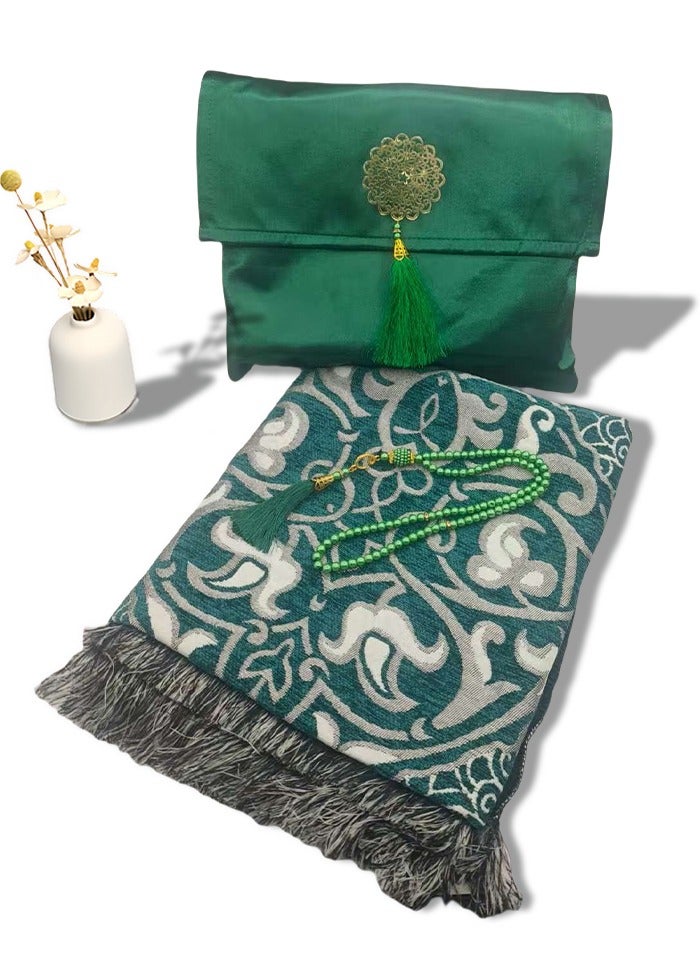 Sunnaltree 3PCS Prayer Mat Set, Beautiful Prayer Mat, With Pouch and Tasbih, Premium Quality Skin Friendly Materiel, Foldable Prayer Carpet Mat, Ideal for Home, Travelling, At Office, At Work, For Ramadan, Eid Etc, Best Gift Idea Prayer (Green) - Image 1