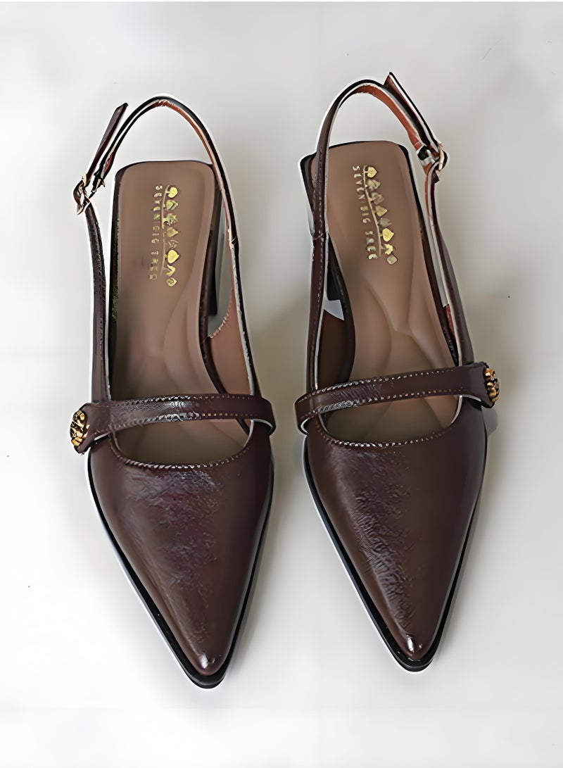 BIGTREE Women's Low Block Heel Shoes With Ankle Strap Comfortable Closed Pointed Toe Slingback  Sandals Brown - Image 1