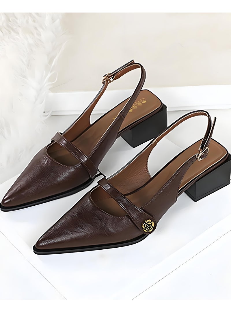 BIGTREE Women's Low Block Heel Shoes With Ankle Strap Comfortable Closed Pointed Toe Slingback  Sandals Brown - Image 2