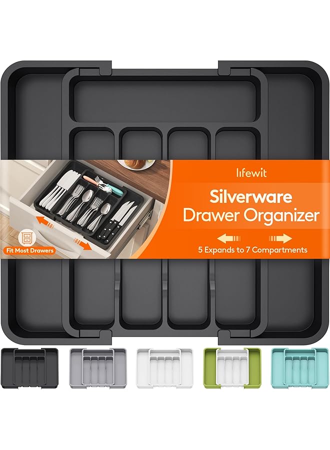 لايفويت منظم أدراج أدوات المائدة، صينية أدوات مائدة قابلة للتمدد وخالية من مادة BPA للمطبخ، حامل أدوات مائدة قابل للتعديل للملاعق والشوك والسكاكين، منظمات بلاستيكية للمطبخ والتخزين، لون أسود - Image 1