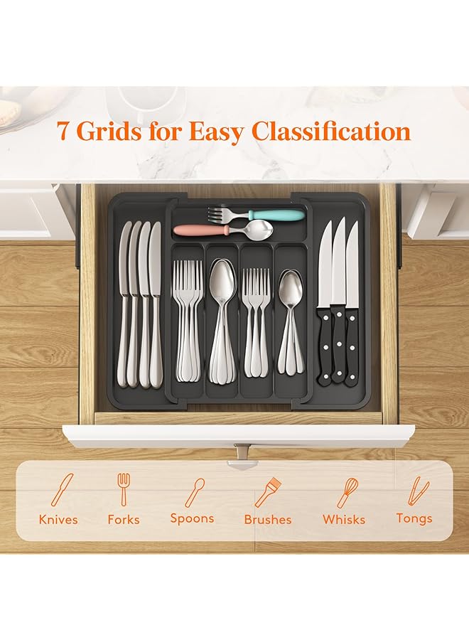 لايفويت منظم أدراج أدوات المائدة، صينية أدوات مائدة قابلة للتمدد وخالية من مادة BPA للمطبخ، حامل أدوات مائدة قابل للتعديل للملاعق والشوك والسكاكين، منظمات بلاستيكية للمطبخ والتخزين، لون أسود - Image 4