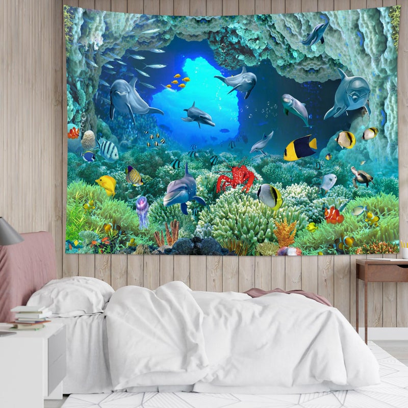 HVEST Blue Ocean Dolphin Tapestry Tropical Fish and Coral Reef in Cave Under Deep Sea Tapestry Wall Hanging Ocean Wall Art for Kids Bedroom Living Room Dorm Birthday Party Wall Decor,60Wx40H inches - Image 4