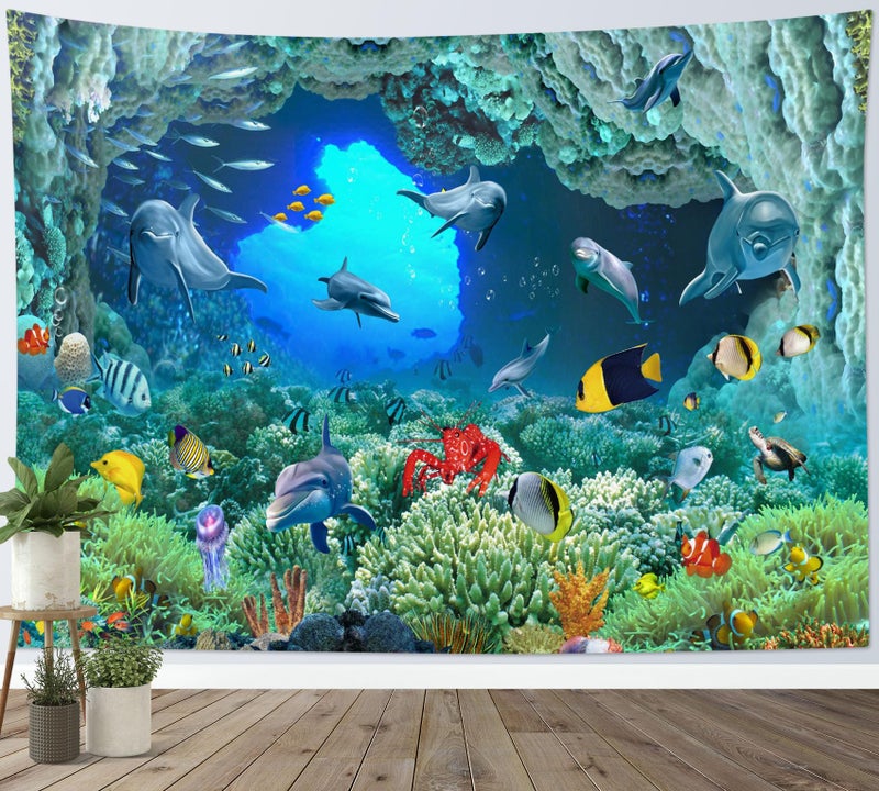 HVEST Blue Ocean Dolphin Tapestry Tropical Fish and Coral Reef in Cave Under Deep Sea Tapestry Wall Hanging Ocean Wall Art for Kids Bedroom Living Room Dorm Birthday Party Wall Decor,60Wx40H inches - Image 1