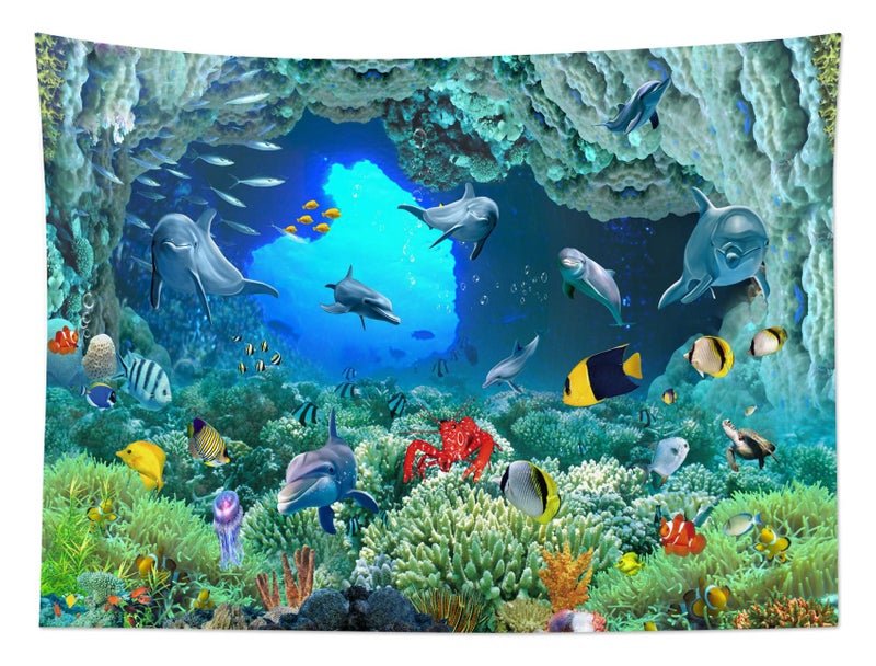 HVEST Blue Ocean Dolphin Tapestry Tropical Fish and Coral Reef in Cave Under Deep Sea Tapestry Wall Hanging Ocean Wall Art for Kids Bedroom Living Room Dorm Birthday Party Wall Decor,60Wx40H inches - Image 5