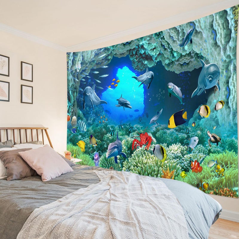 HVEST Blue Ocean Dolphin Tapestry Tropical Fish and Coral Reef in Cave Under Deep Sea Tapestry Wall Hanging Ocean Wall Art for Kids Bedroom Living Room Dorm Birthday Party Wall Decor,60Wx40H inches - Image 2