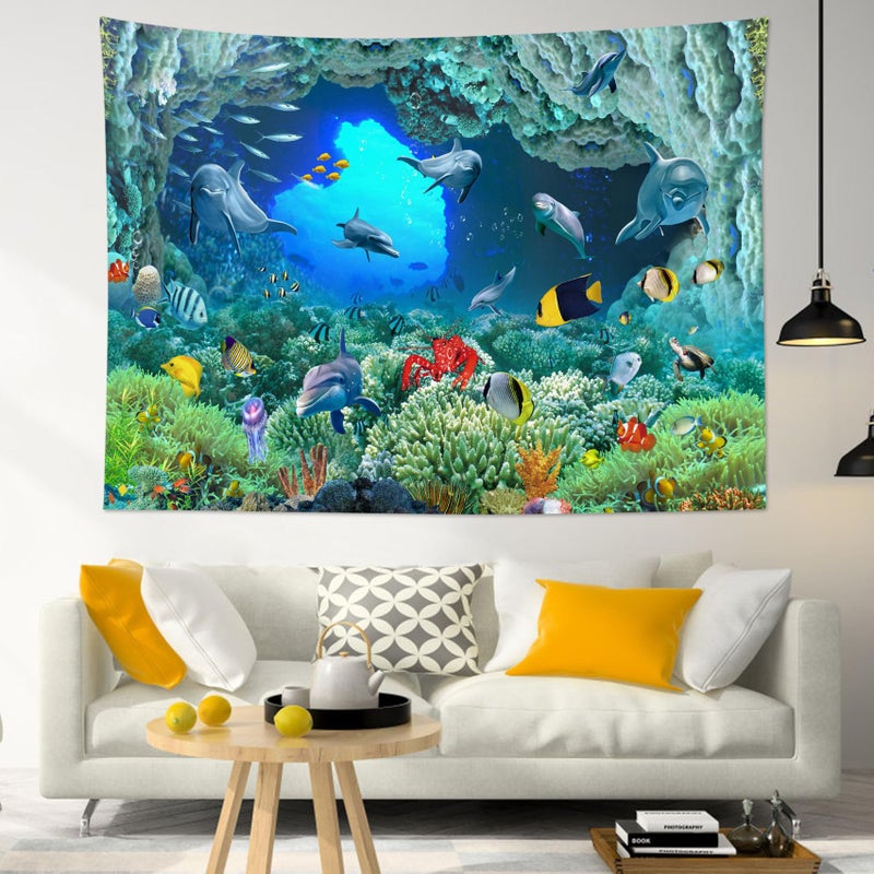 HVEST Blue Ocean Dolphin Tapestry Tropical Fish and Coral Reef in Cave Under Deep Sea Tapestry Wall Hanging Ocean Wall Art for Kids Bedroom Living Room Dorm Birthday Party Wall Decor,60Wx40H inches - Image 3