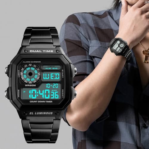 Reginald Watches for Men Fashion Trend Black Multifunction Waterproof Watch EL Light Digital Chronograph Stainless Steel Square Watches (Black 2) - Image 4