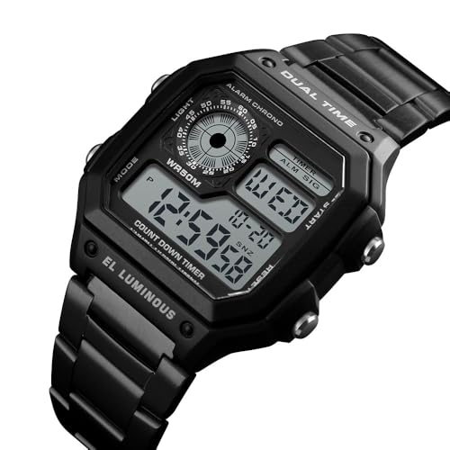 Reginald Watches for Men Fashion Trend Black Multifunction Waterproof Watch EL Light Digital Chronograph Stainless Steel Square Watches (Black 2) - Image 2