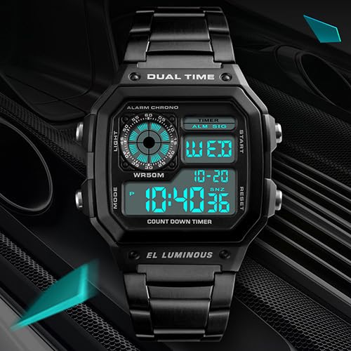 Reginald Watches for Men Fashion Trend Black Multifunction Waterproof Watch EL Light Digital Chronograph Stainless Steel Square Watches (Black 2) - Image 5
