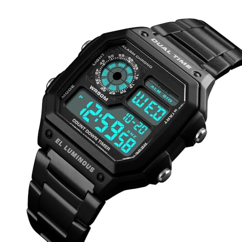 Reginald Watches for Men Fashion Trend Black Multifunction Waterproof Watch EL Light Digital Chronograph Stainless Steel Square Watches (Black 2) - Image 3