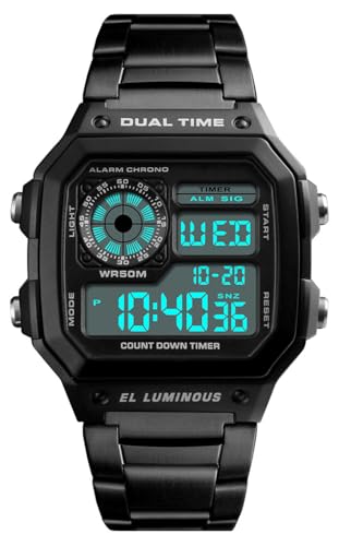 Reginald Watches for Men Fashion Trend Black Multifunction Waterproof Watch EL Light Digital Chronograph Stainless Steel Square Watches (Black 2) - Image 1