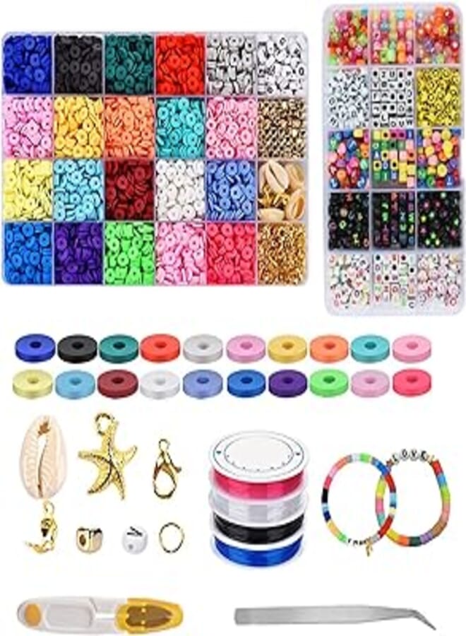 Beauenty 5000 Pcs Clay Beads for Jewelry Making with 250 pcs Letter Beads for Bracelets Making Kit Included 18 Colors 6mm Flat Round Spacer Clay Beads (Option 19)